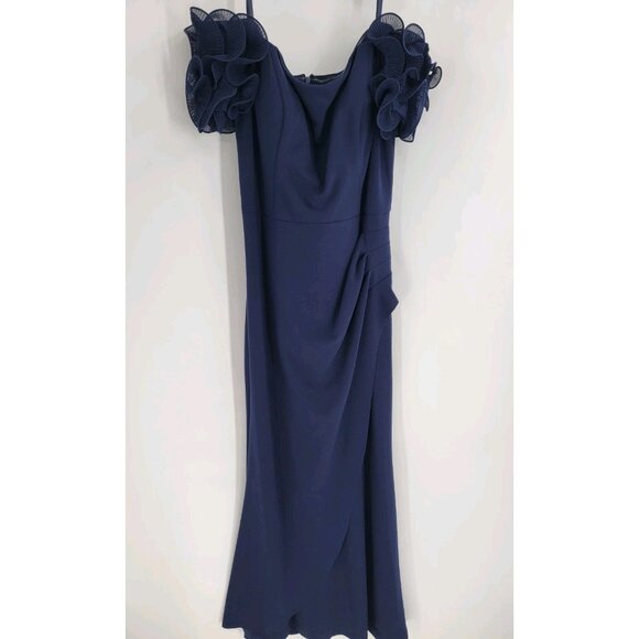 Escape Dress‎ Size 14 Off Shoulder Ruffle Gown Navy Women’s Msrp 279.00 - Picture 1 of 9